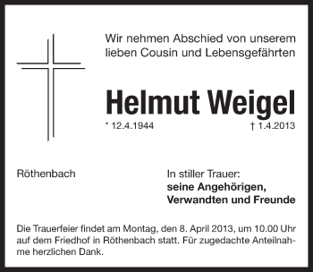 Traueranzeige von Helmut Weigel von Pegnitz-Zeitung
